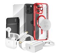 Pack Elite pour iPhone 16 Pro Max Coque, Verre, Chargeur, Batterie Externe, Magsafe, Écouteurs Bluetooth (7 pièces) Mayaxess Rouge Rouge