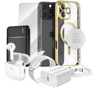 Pack Elite pour iPhone 16 Pro Max Coque, Verre, Chargeur, Batterie Externe, Magsafe, Écouteurs Bluetooth (7 pièces) Mayaxess Dorée Dorée