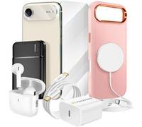 Pack Elite pour iPhone 17 Air Coque, Verre, Chargeurs, Batterie externe, Magsafe, Écouteurs Bluetooth (8 pièces) Mayaxess Rose Rose