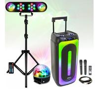 Pack Enceinte 1000W USB Bluetooth Karaoke MAGIC-SOUND1000 - 2 Micros sans fil - Pack Lumière 4 effets Pied Support - 1 Boule Astro