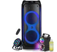 Pack Enceinte Active USB Bluetooth Autonome Ibiza 1200W COLUMBA1200 - Machine Fumée LED 700 W - Liquide 1L - Projecteur 18W Astro