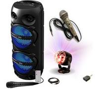 Pack Enceinte Bluetooth Karaoké 300W 2x8'' LED TWS Party PLUTON - 2 micros - Boule Disco RGB LED Effet Astro KIDZ-DISCO