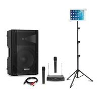 Pack Enceinte Karaoke Active USB Bluetooth Ibiza XTK10A-MKII 300W - 2 micros sans fil - Support tablette SMM20 - Anniversaire Sono