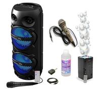 Pack Enceinte Karaoké Bluetooth 300W 2x8'' LED TWS Party PLUTON - 2 micros - Machine à bulles LED - Liquide Inclus - Soirée