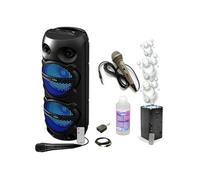 Pack Enceinte Karaoké Bluetooth 300W 2x8'' LED TWS Party PLUTON - 2 micros - Machine à bulles LED - Liquide Inclus - Soirée