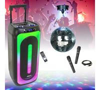 Pack Enceinte Lumineuse Karaoke USB Bluetooth MS-MAGIC-SOUND1000 1000W 2 Micros TWS - Boule Disco Motorisée - Fête Anniversaire Noir