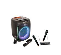 Pack Enceinte Lumineux Autonome Karaoké Bluetooth CUBE180 180W SD USB 1 Micro - 2 Micros Sans Fils UHF - Anniversaire Enfant Musique