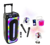Pack Enceinte portable sur batterie Karaoke USB Bluetooth MS-MAGIC-SOUND1000 TWS 1000W 2 Micros - Effet Derby - 2 Jeux Lumière Astro