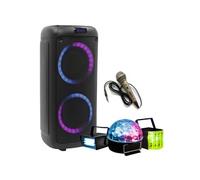 Pack Enceinte sans fil Karaoké USB Bluetooth 250W BoomTone DJ BOOMASTER300 Tuner FM - Micro - Ensemble Lumières Astro Derby Strobe