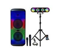 Pack - Enceinte USB Bluetooth Autonome sur batterie Mooving ELECTRO-SOUND - 2 Micros Karaoke - Pack Lumière sur Pied 4 Jeux PAR Astro