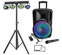 Pack Enceinte USB Bluetooth sur Batterie PARTY-12RGB Karaoké - 2 Micros - Télécommande 1 Portique - 4 Jeux de Lumière - Soirée