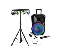 Pack Enceinte USB Bluetooth sur Batterie PARTY-12RGB Karaoké - 2 Micros - Télécommande 1 Portique - 4 Jeux de Lumière - Soirée