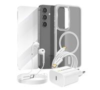 Pack Essentiel pour Galaxy S24 Coque, Verre, Chargeur, Écouteurs (5 pièces),Gris