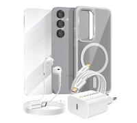 Pack Essentiel pour Galaxy S25 Coque, Verre, Chargeur, Écouteurs (5 pièces),Gris
