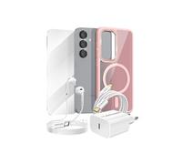 Pack Essentiel pour Galaxy S25 Coque, Verre, Chargeur, Écouteurs (5 pièces) Rose