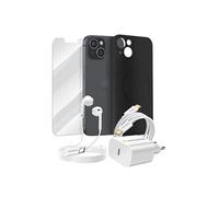 Pack Essentiel pour iPhone 13 Coque, Verre, Chargeurs, écouteurs (5 pièces) Noir