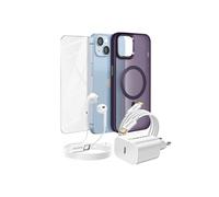 Pack Essentiel pour iPhone 14 Coque, Verre, Chargeur, Ecouteurs (5 pièces) Violet