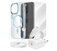 Pack Essentiel pour iPhone 15 Pro Coque, Verre, Chargeur, Écouteurs (5 pièces) Mayaxess Bleu