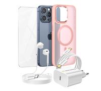 Pack Essentiel pour iPhone 15 Pro Max Coque, Verre, Chargeur, Ecouteurs (5 pièces) Rose
