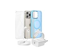 Pack Essentiel pour iPhone 15 Pro Max Coque, Verre, Chargeur, Ecouteurs (5 pièces) Bleu