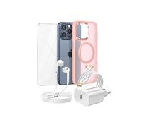 Pack Essentiel pour iPhone 15 Pro Max Coque, Verre, Chargeur, Ecouteurs (5 pièces) Rose