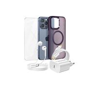 Pack Essentiel pour iPhone 15 Pro Max Coque, Verre, Chargeur, Ecouteurs (5 pièces) Violet