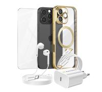 Pack Essentiel pour iPhone 16 Pro Max Coque, Verre, Chargeur, Ecouteurs (5 pièces) Dorée
