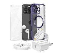 Pack Essentiel pour iPhone 16 Pro Max Coque, Verre, Chargeur, Ecouteurs (5 pièces) Violet