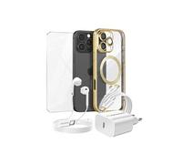 Pack Essentiel pour iPhone 16 Pro Max Coque, Verre, Chargeur, Ecouteurs (5 pièces) Dorée