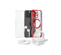 Pack Essentiel pour iPhone 16 Pro Max Coque, Verre, Chargeur, Ecouteurs (5 pièces) Rouge