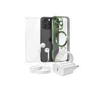 Pack Essentiel pour iPhone 16 Pro Max Coque, Verre, Chargeur, Ecouteurs (5 pièces) Vert