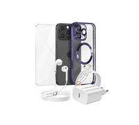 Pack Essentiel pour iPhone 16 Pro Max Coque, Verre, Chargeur, Ecouteurs (5 pièces) Violet