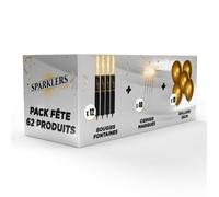 Pack Fête 62 Articles - 12 Fontaines Scintillantes, 40 Cierges Magiques, 10 Ballons couleur Or 26cm