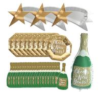 Pack fête du Nouvel An - Ballon bouteille de champagne vert, 3 assiettes en forme d'étoile, 10 assiettes dorées « Cheers to New Year » et 20 serviettes en papier bouteille de champagne - Parfait pour