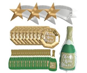Pack fête du Nouvel An - Ballon bouteille de champagne vert, 3 assiettes en forme d'étoile, 10 assiettes dorées « Cheers to New Year » et 20 serviettes en papier bouteille de champagne - Parfait pour