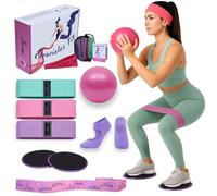 Pack Fitness Femme,Coffret Bien-Être à la Maison| 6 Accessoires: Bandes de Résistance, Balle Gonflable, Disques Glissants, Chaussettes Antidérapantes, Bande d’Étirement + Bandeau | en Boîte Cadeau