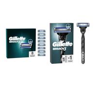 Pack Gillette Rasoir Pour Homme Mach 3, Manche Réutilisable En Acier Inoxydable Et 1 Recharge A 3 Lames, Avec Un Lot De 8 Cartouches AUTHENTIQUES Pour Un Rasage Sans Effort