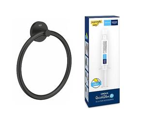 Pack GROHE QuickFix Start Anneau Porte-Serviettes, Noir Mat, 411742430 + GROHE Kit 1 seringue Colle pour Accessoires de Salle de Bains, 41127000