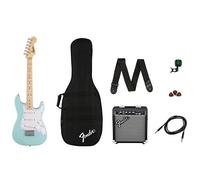 Pack guitare électrique Fender FSR Squier Electric Mini Stratocaster, bleu Daphné, idéal pour les débutants. Comprend un ampli, un câble, une sangle, des médiators et un accordeur à pince.