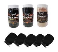Pack Hammam Soin du Corps : 5 Gants Kessa + 1kg de Savon Noir + 1kg a l'eucalyptus +1kg ghassoul