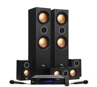 Pack Home-Cinéma 5.1 - Evidence Acoustics EA950-PG - 5 enceintes Cuivre 850W, Amplifié , USB BT Radio FM - 2 Micros Karaoké