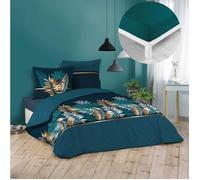 Pack housse de couette 220x240 cm Alianor + drap housse 140x190 Pétrole