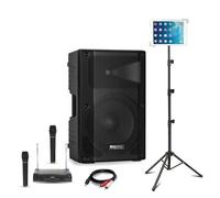 Pack karaoke Enceinte Active Bluetooth USB Ibiza XTK15A-MKII 600W - 2 micros sans fil - Support tablette SMM20 - Mariage Fête Sono