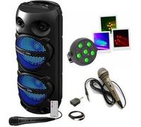 Pack Karaoké Enceinte Bluetooth 300W 2x8'' LED TWS Party PLUTON - 2 micros - Projecteur à LED multicolore BOOMEGALED6X3W Noir