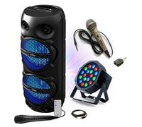 Pack Karaoké Enceinte Bluetooth 300W 2x8'' LED TWS Party PLUTON - 2 micros - Projecteur PAR RGB PARTY-PAR181 - Fête Soirée