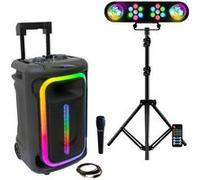 Pack Karaoké Enceinte Bluetooth Autonome USB Portable TWS 800W Ibiza MOBILE800 - 1 Micro - Pied Lumière 2 Projecteurs PAR 2 Astros Noir