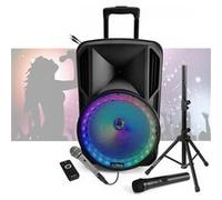 Enceintes, baffle et amplis DJ Party Light & Sound Pack Karaoké - Enceinte Bluetooth nomade sur batterie PARTY-12RGB Tuner USB - 2 Micros - Pied Support Ibiza - Soirée Anniversaire Animation