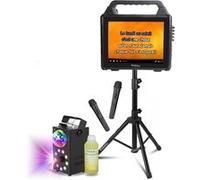 Pack Karaoké Enceinte Ecran 2-en-1 Portable 2 Micros VHF Ibiza KARAVISION - Machine Fumée LED FOGGY-ASTRO - Pied Support - Soirée DJ Noir