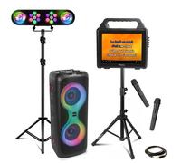 Pack Karaoké Enceinte Ecran Bluetooth Ibiza KARAVISION sur Pied 2 Micros VHF - Enceinte Portable 700W COLUMBA700 - Portique Lumière Noir