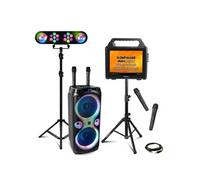Pack Karaoké Enceinte Ecran Bluetooth KARAVISION sur Pied - Enceinte 1000W COLUMBA-KARAOKE - 4 Micros VHF - Portique Lumière